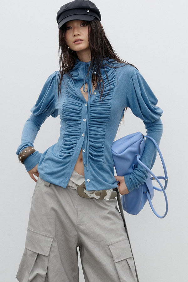 Pleated High-Neck Knit Base Layer Top