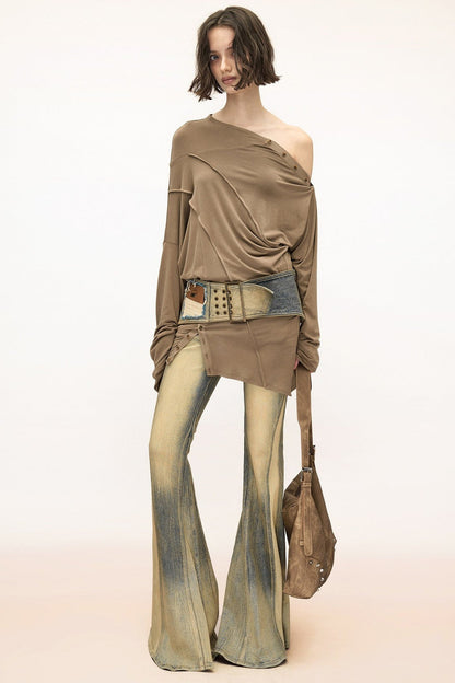 Lyocell Multi-Wear Ruffled Off-Shoulder Irregular Long-Sleeve T-Shirt