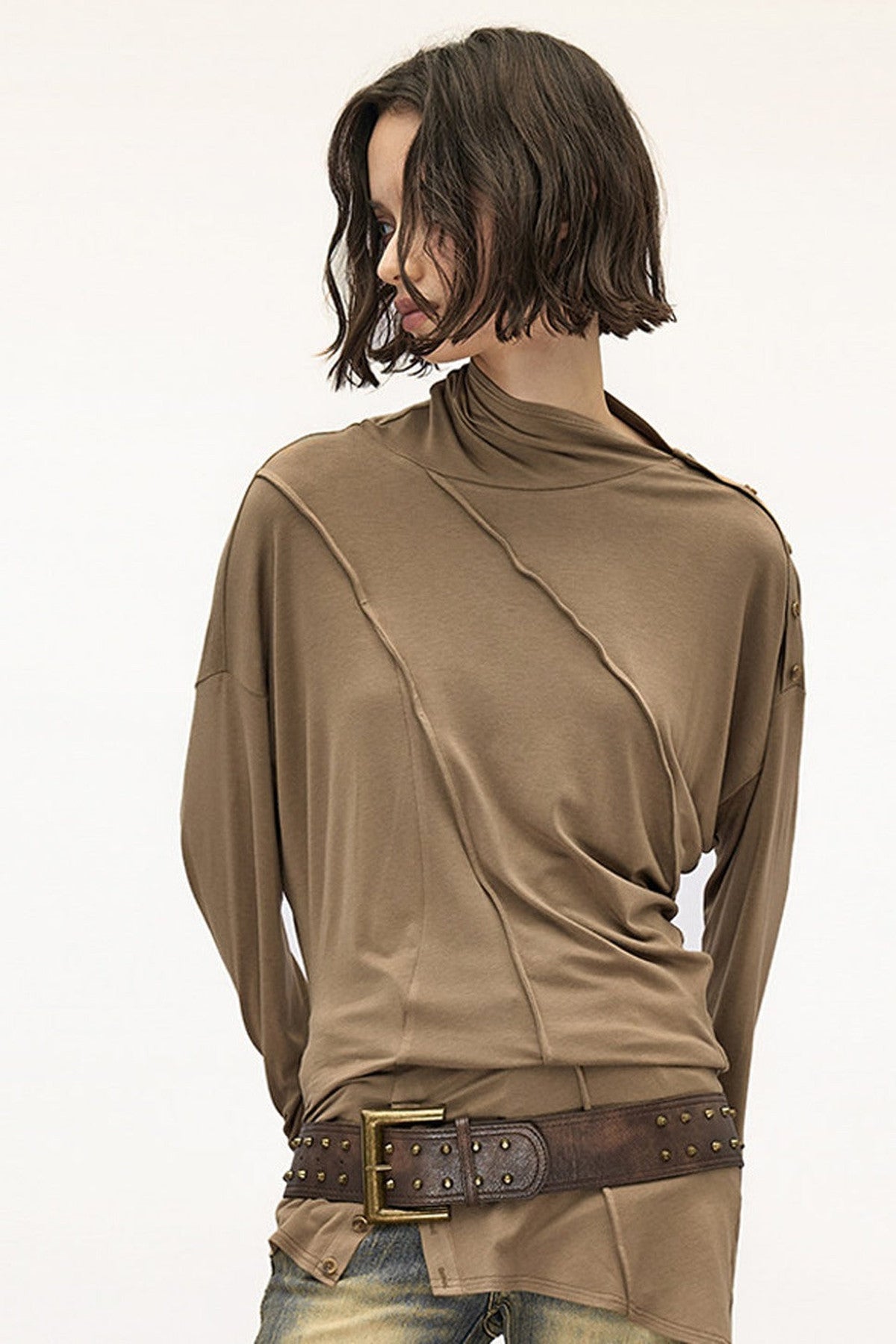 Lyocell Multi-Wear Ruffled Off-Shoulder Irregular Long-Sleeve T-Shirt