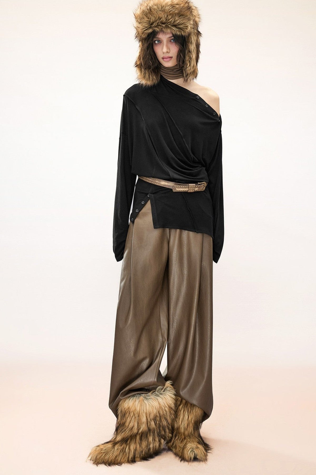Lyocell Multi-Wear Ruffled Off-Shoulder Irregular Long-Sleeve T-Shirt