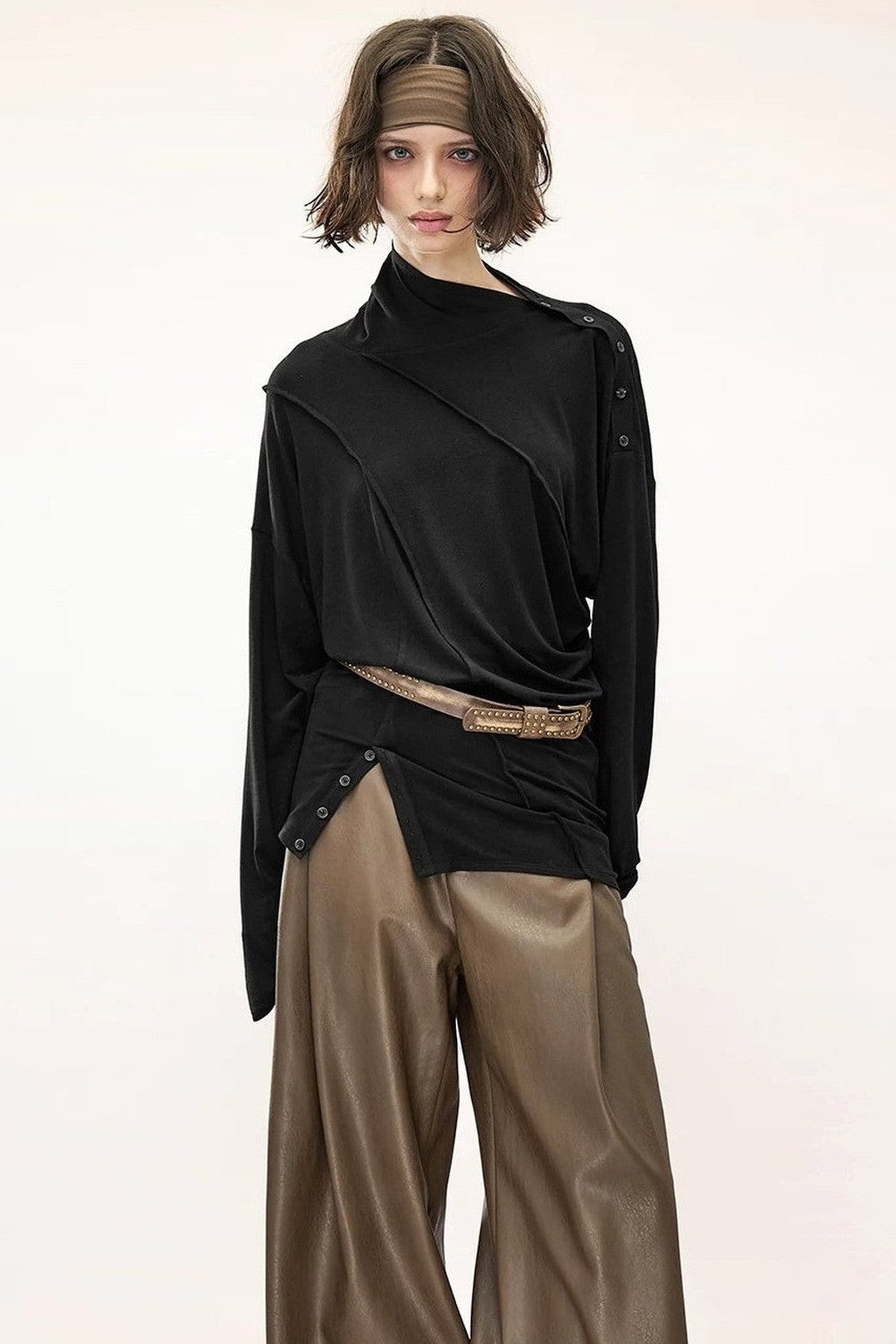 Lyocell Multi-Wear Ruffled Off-Shoulder Irregular Long-Sleeve T-Shirt