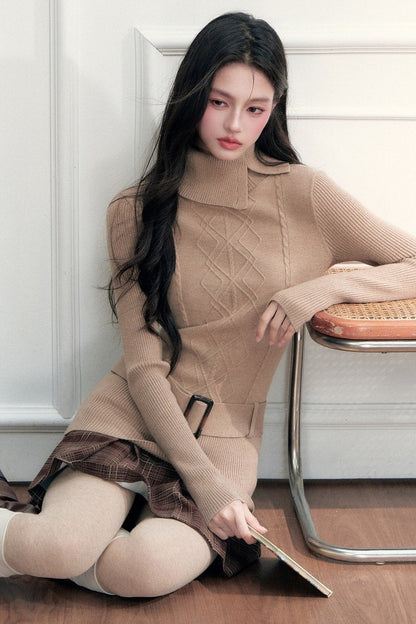 Retro High-Neck Belted Cable Knit Sweater