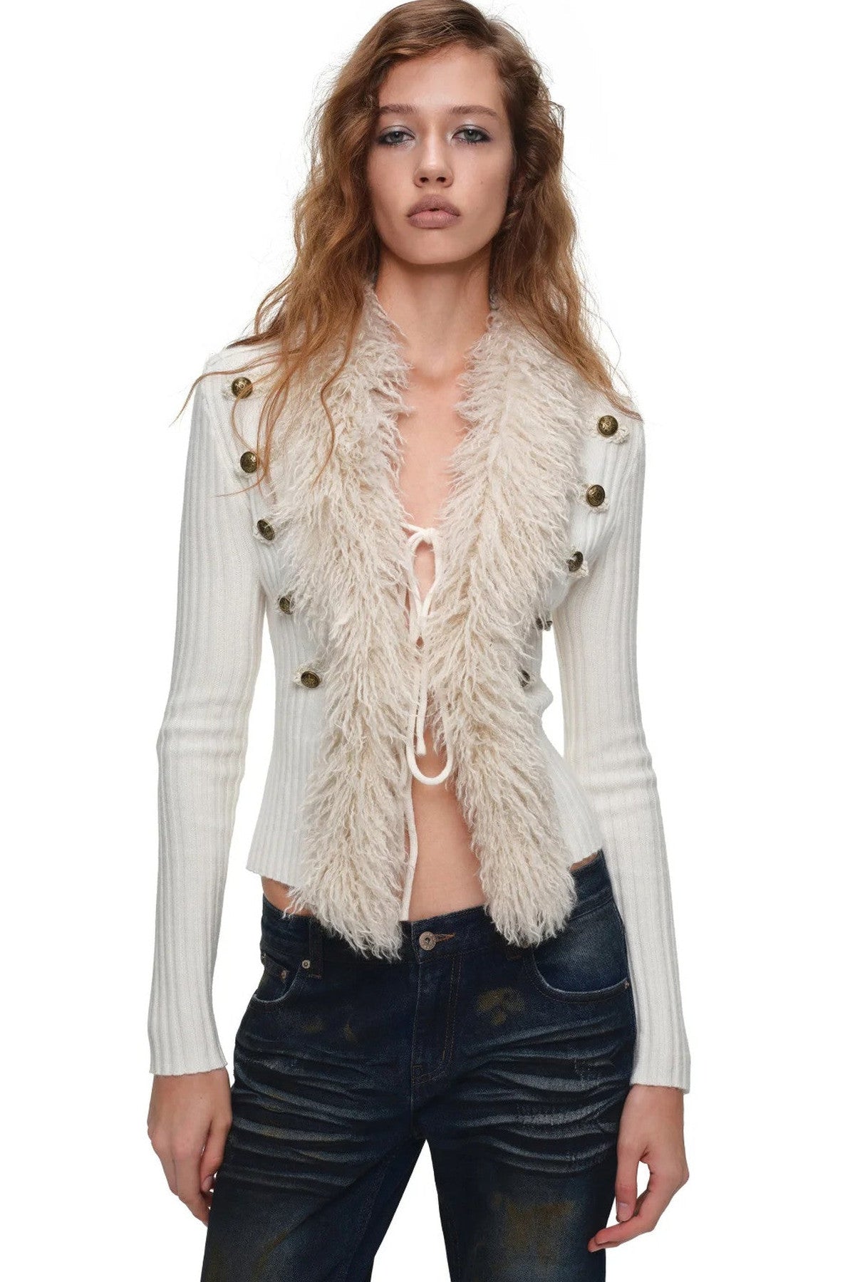 Napoleon Collar Patchwork Ribbed Wool Top