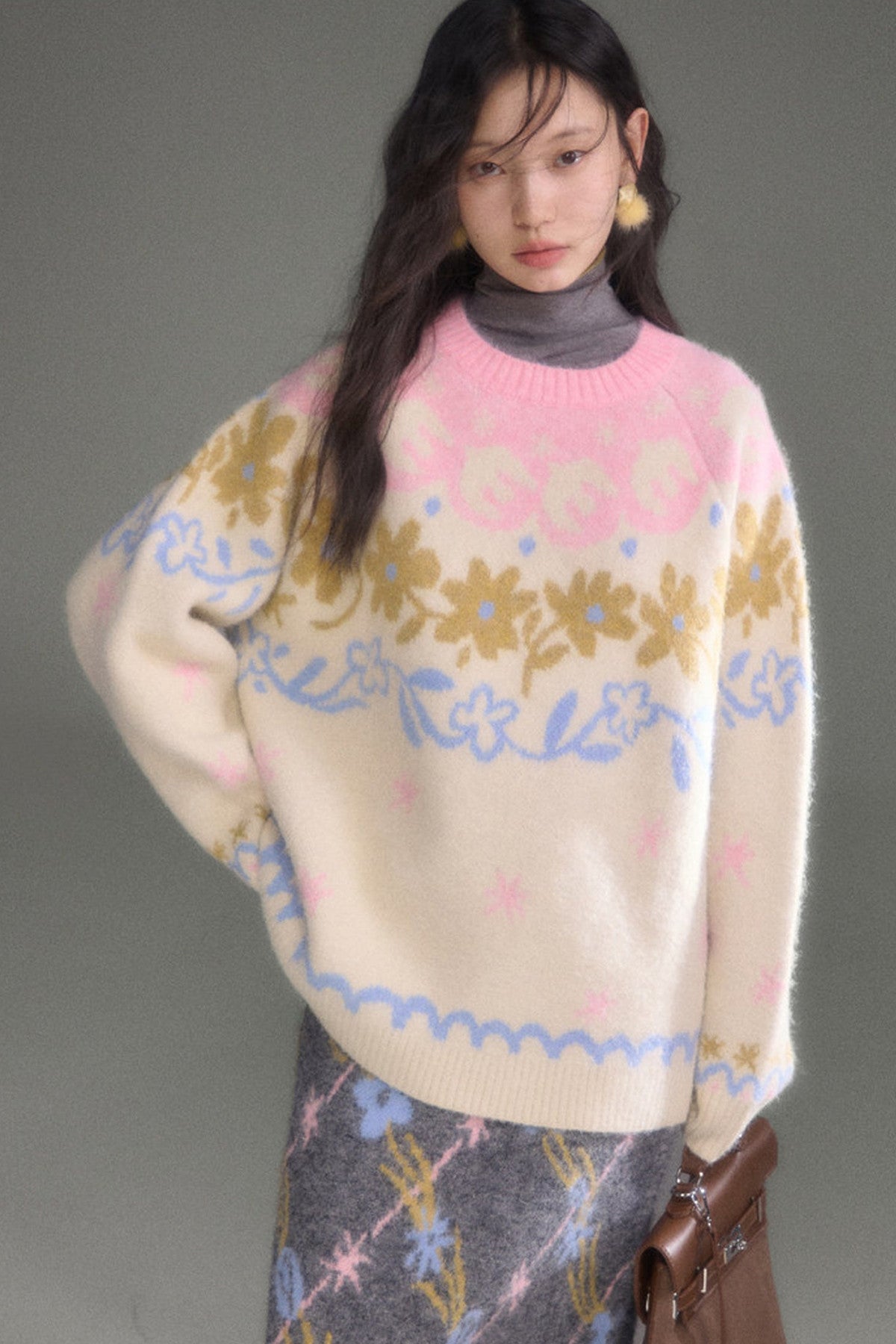 Retro Fair Isle Floral Jacquard Wool Sweater