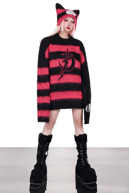 Loose Black Pink Stripe Knit Tops
