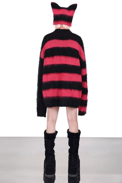 Loose Black Pink Stripe Knit Tops