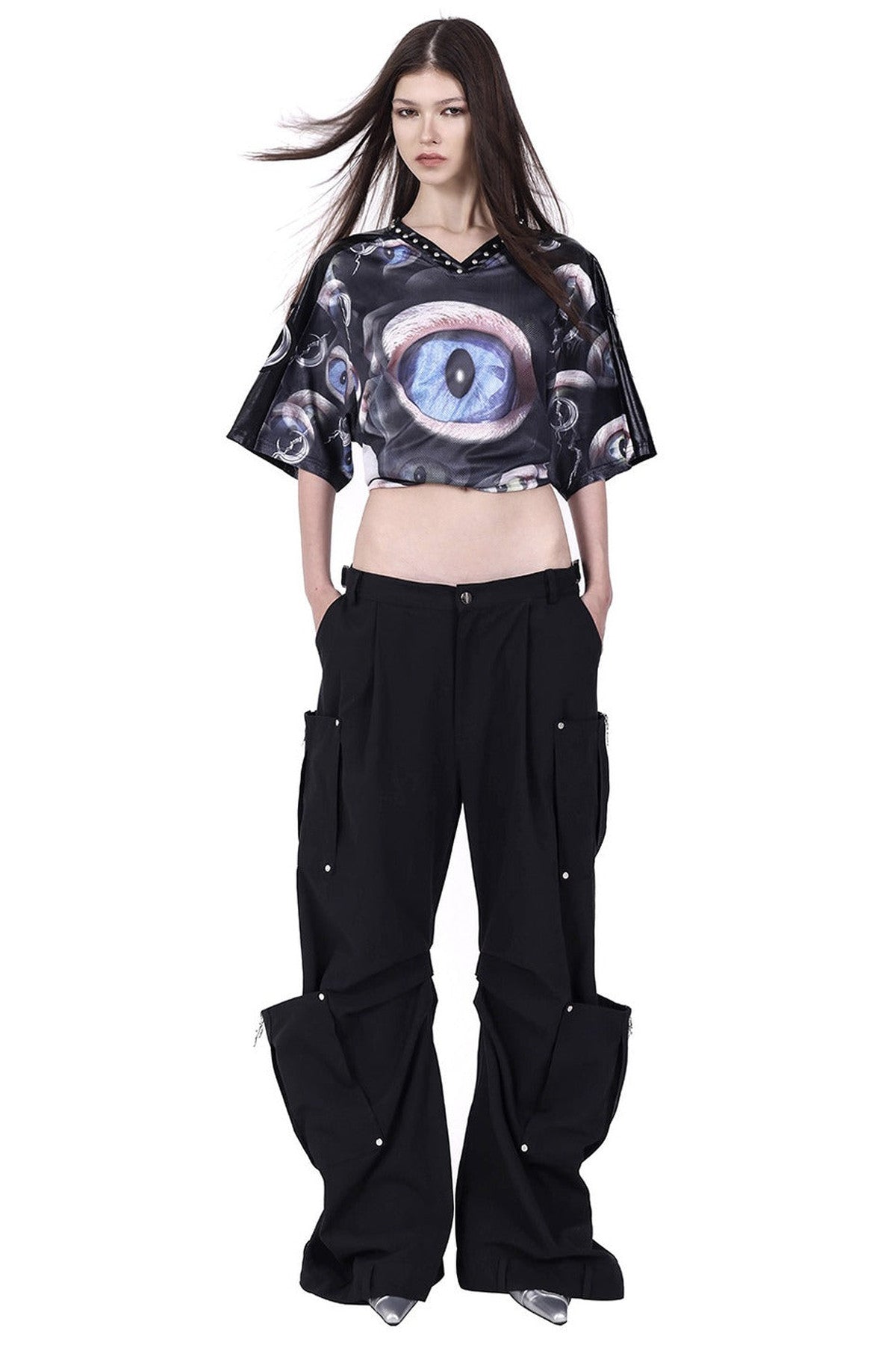 Cat Eye Patchwork Rivet V-Neck T-shirt