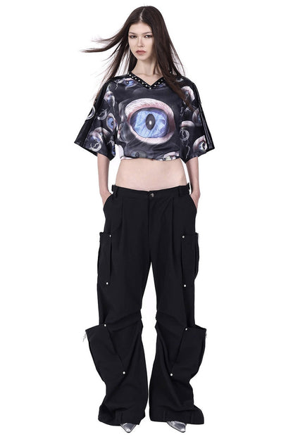 Cat Eye Patchwork Rivet V-Neck T-shirt