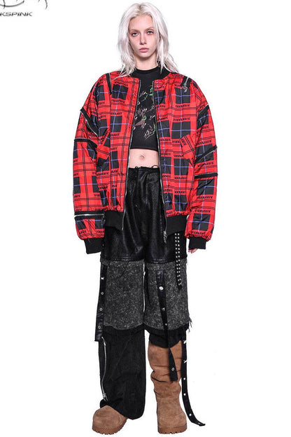 Flame Red Quilted Zipper Structure Patchwork Jacket