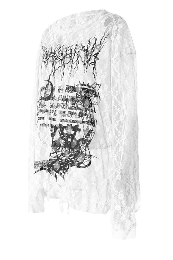 Loose Ripped Lace Cat Print Tee
