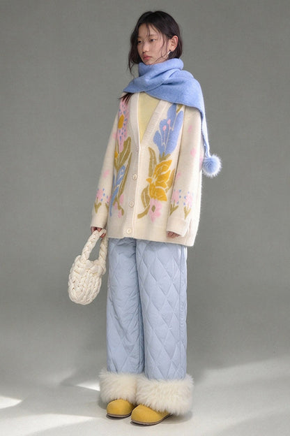 Star Embroidery Quilted Wide-Leg Pants
