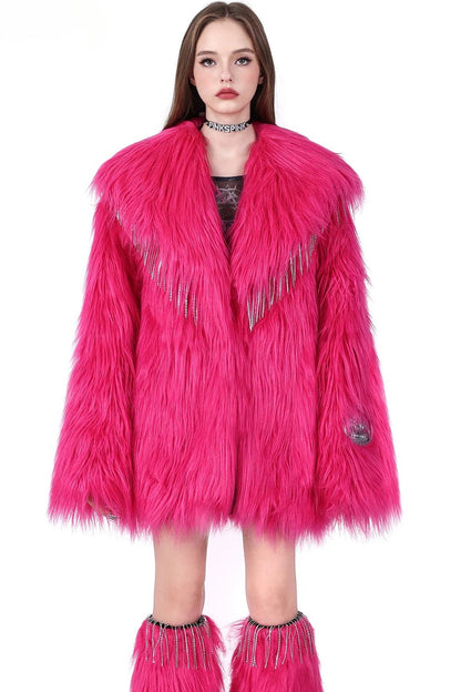 Pink Rhinestone Fringe Fur Jacket