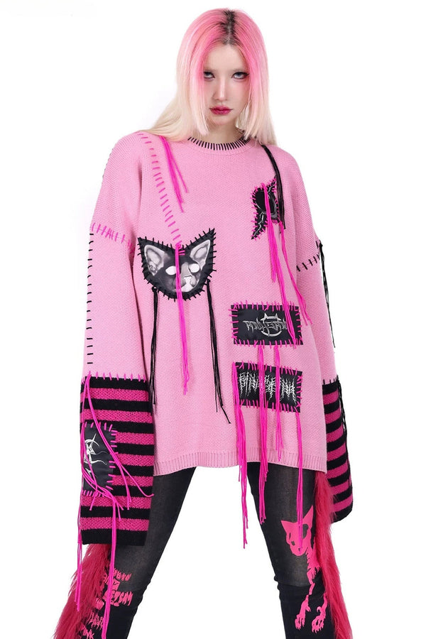 Cat Patchwork Striped Sweater