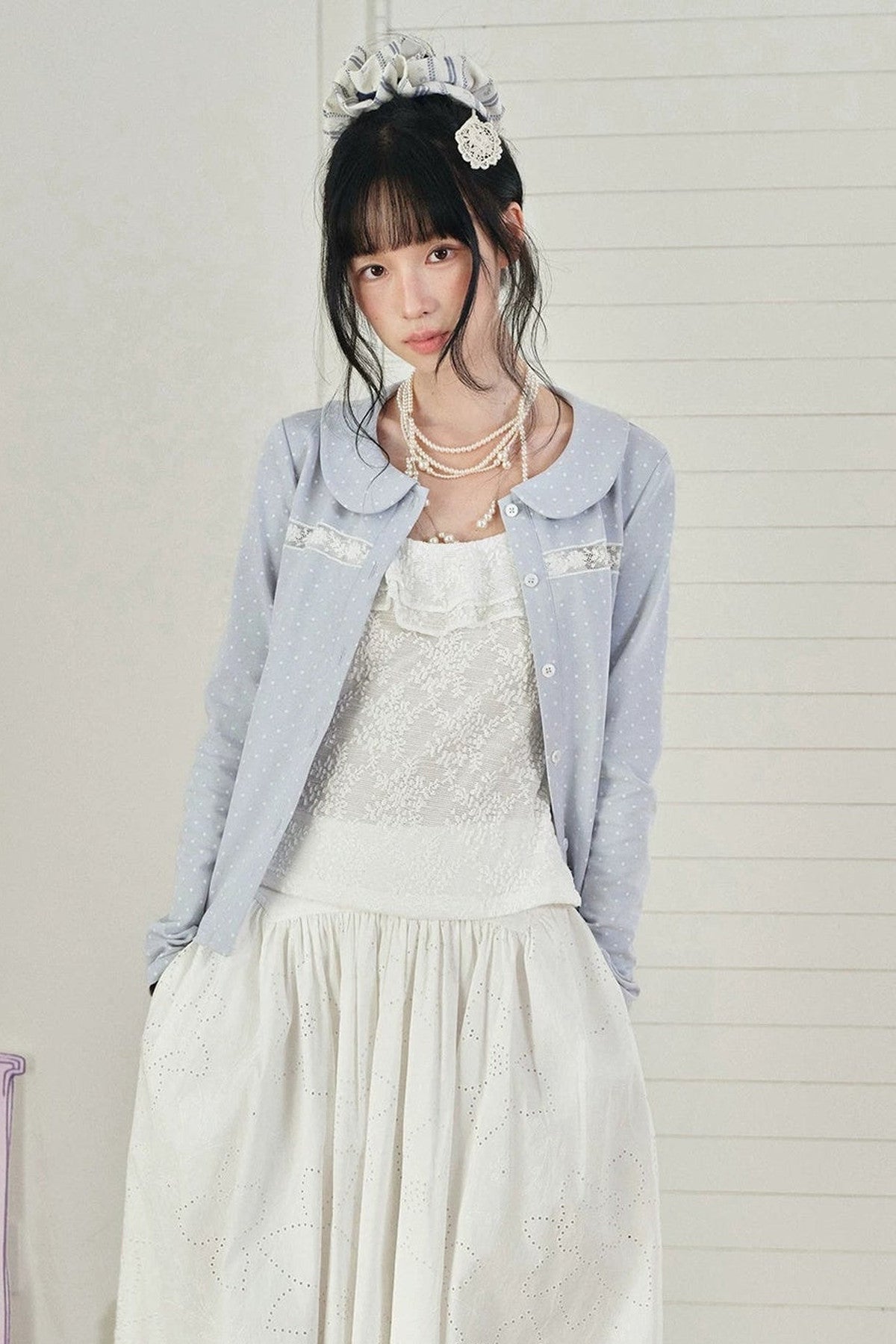 Blue Polka Dot Lace Trim Cardigan Set-Up