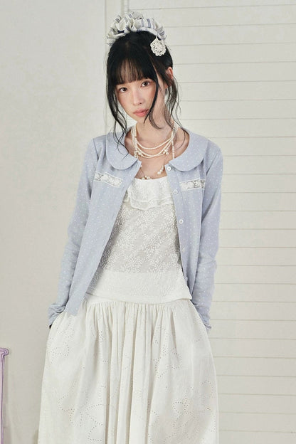 Blue Polka Dot Lace Trim Cardigan Set-Up