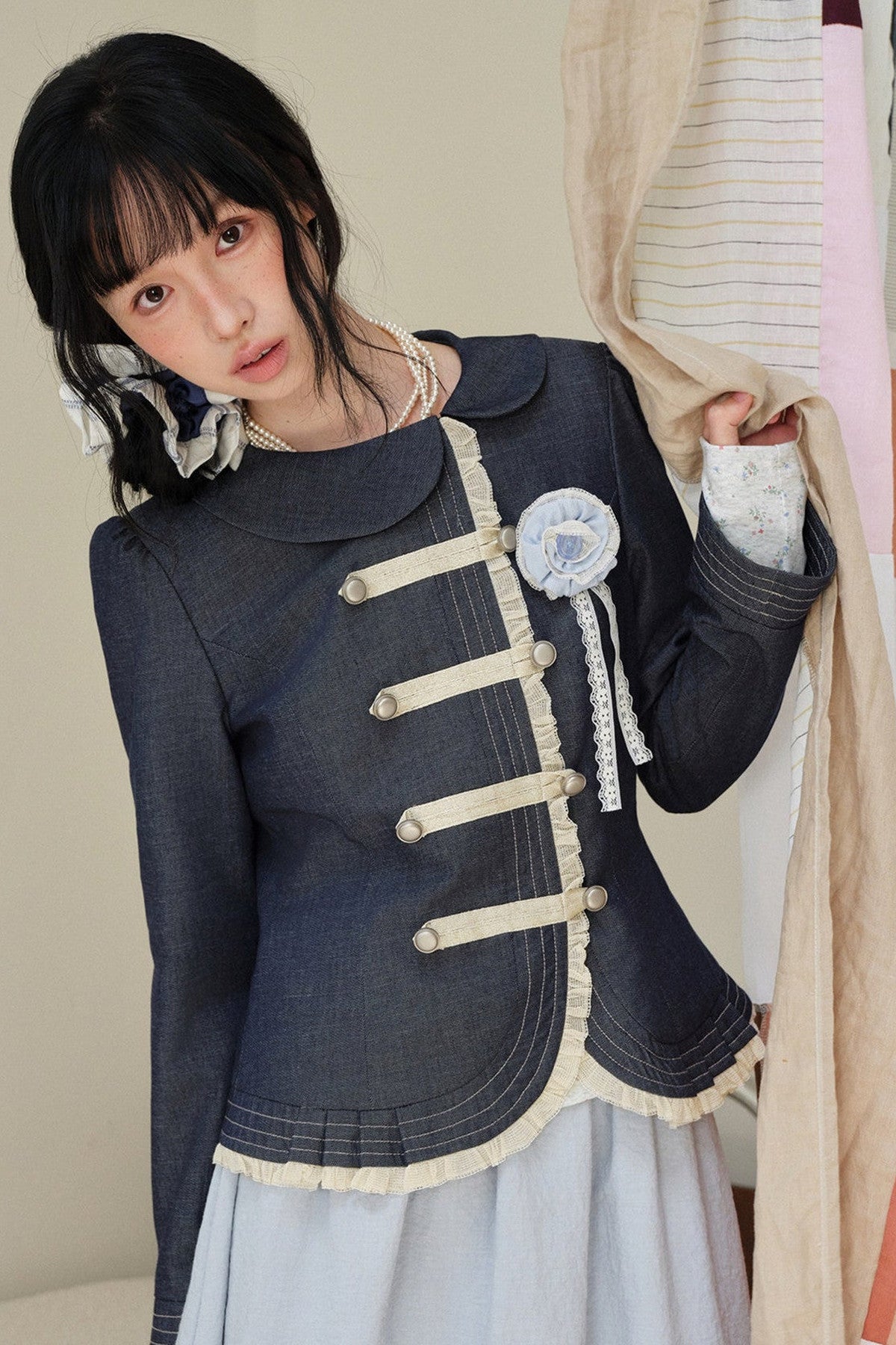 Collar Denim Lace Trim Jacket