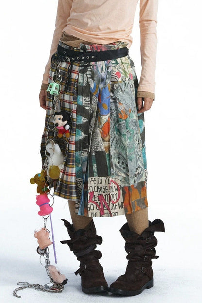 Plaid Graffiti Patchwork Pleated Skirt