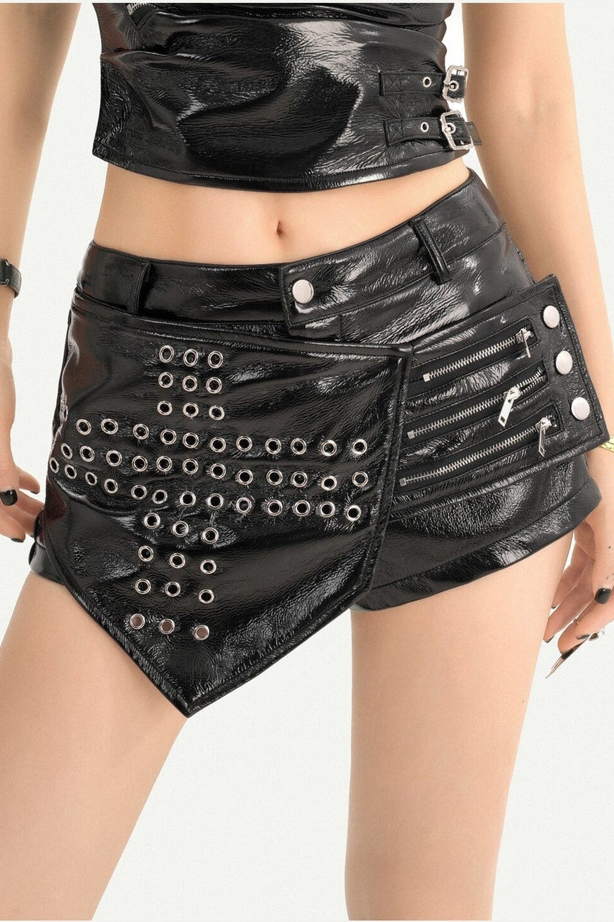 Low-Waist Punk Leather Eyelet Skirt Pants and Tube Top Set-Up