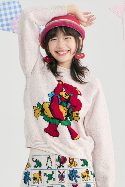Red Cartoon Bear Raglan Pullover Sweater