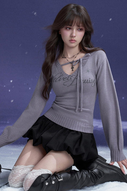 Schwarz-violetter Pullover mit V-Ausschnitt und Bindeband