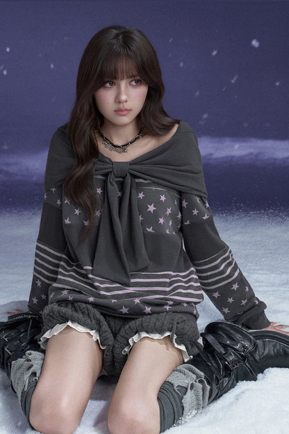 Star Patchwork Bowknot One-Shoulder Hooded Sweatshirt