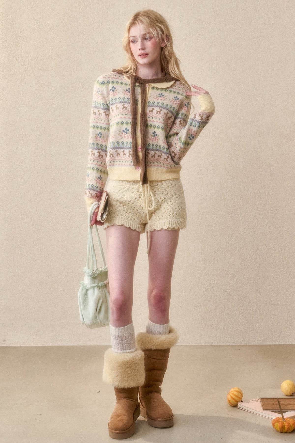 Reindeer Fair Isle Lace Trim Cardigan Top