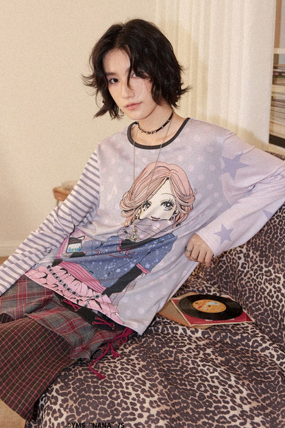 Nana-Porträt-T-Shirt mit lockerem Schnitt und asymmetrischem Colorblocking