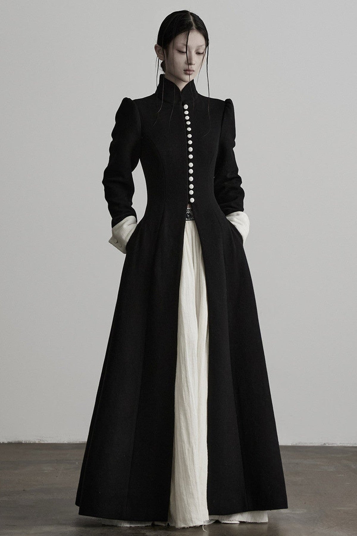 100% Wool Stand Collar Tie-Back Long Coat