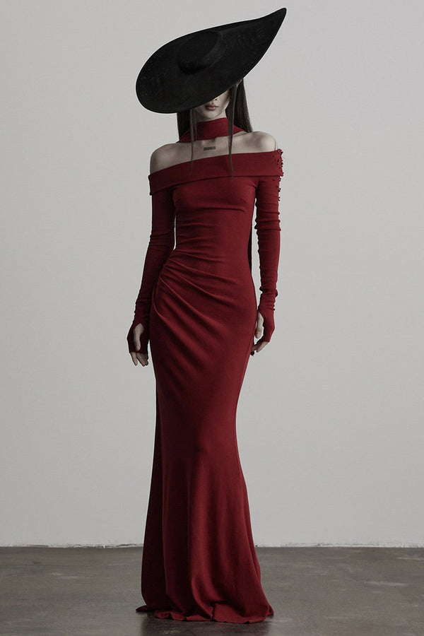 French Off-Shoulder Knitted Long-Sleeve Dress