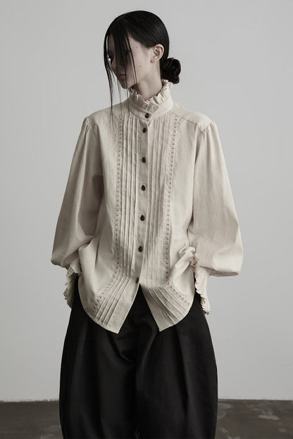 Pleated Cotton Linen Stand-Up Collar Shirt