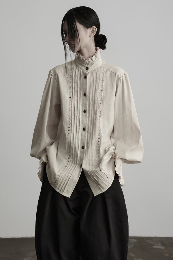 Pleated Cotton Linen Stand-Up Collar Shirt
