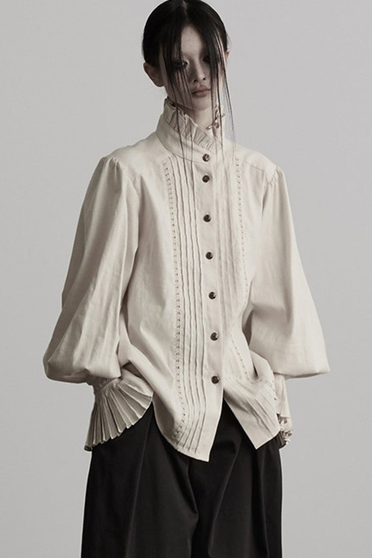 Pleated Cotton Linen Stand-Up Collar Shirt