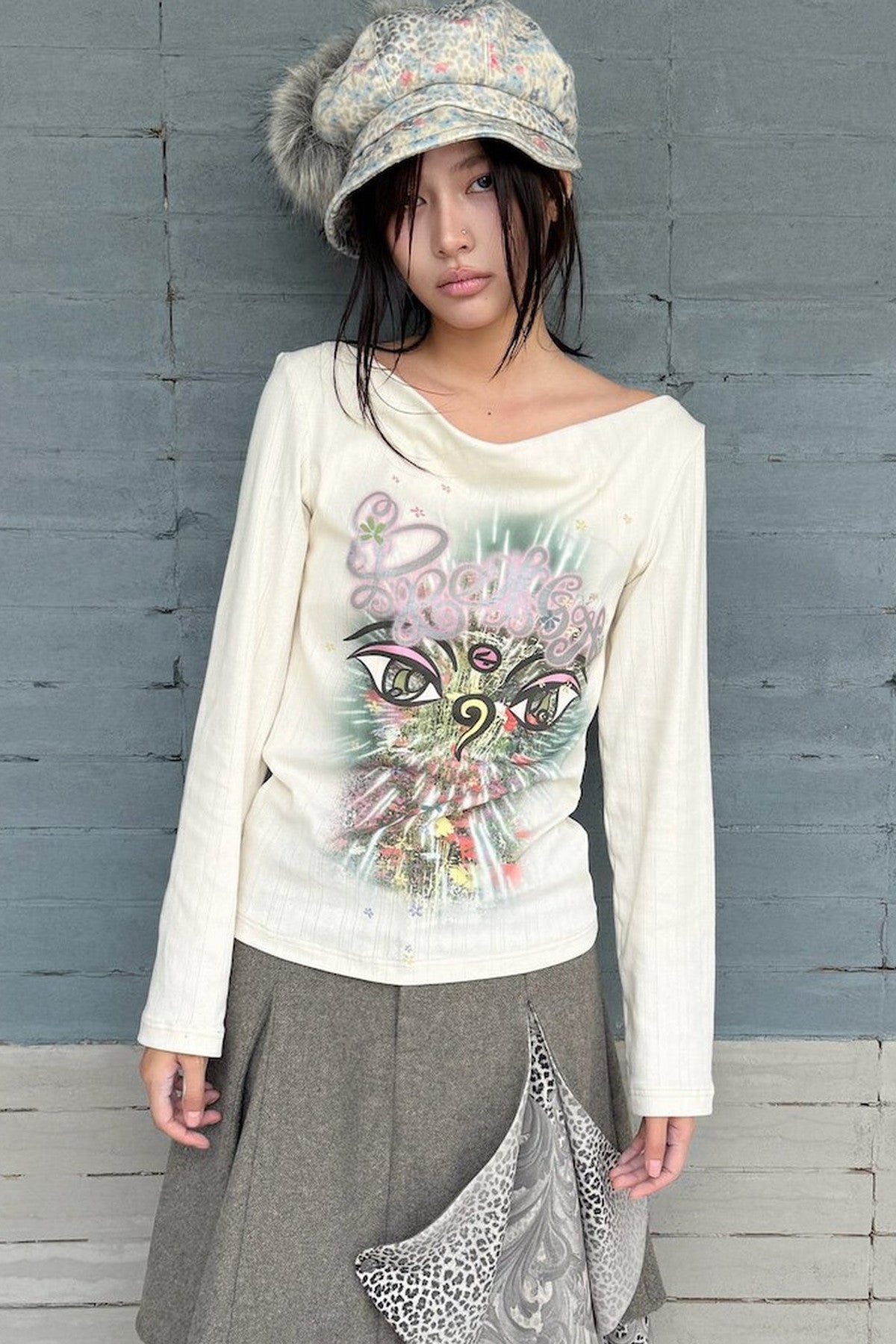 Reversible Swing Collar Long-Sleeve Printed T-Shirt