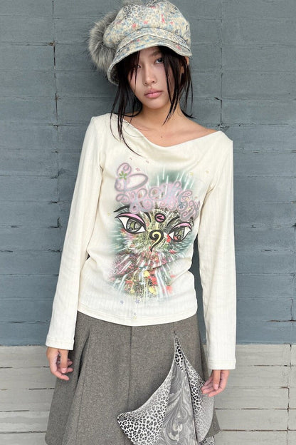 Reversible Swing Collar Long-Sleeve Printed T-Shirt