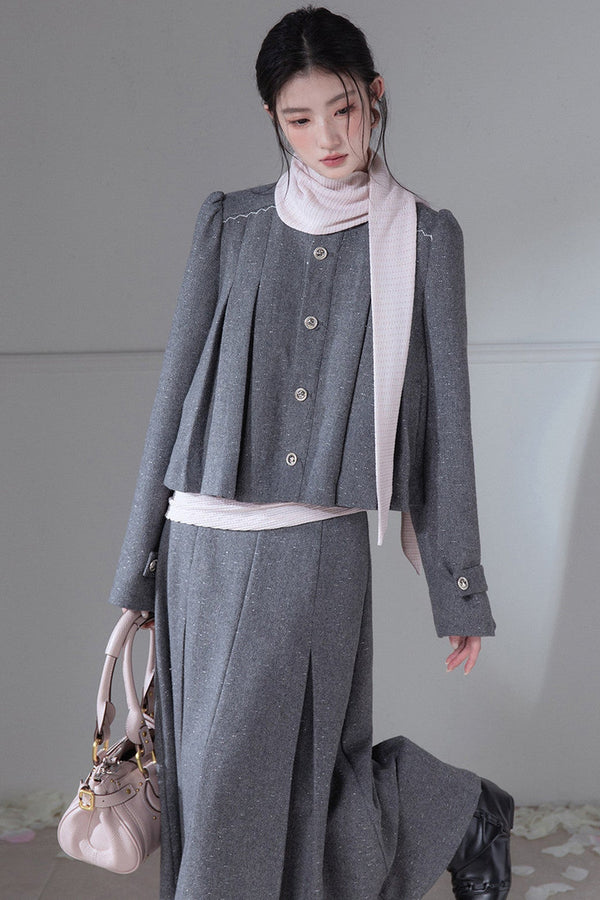 Wool Pleated Jacket and Skirt Set-Up