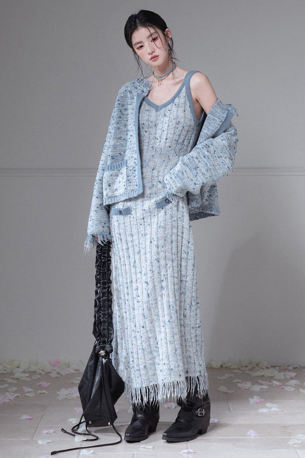 Speckled Knit Cardigan And Vest Dress Set-Up