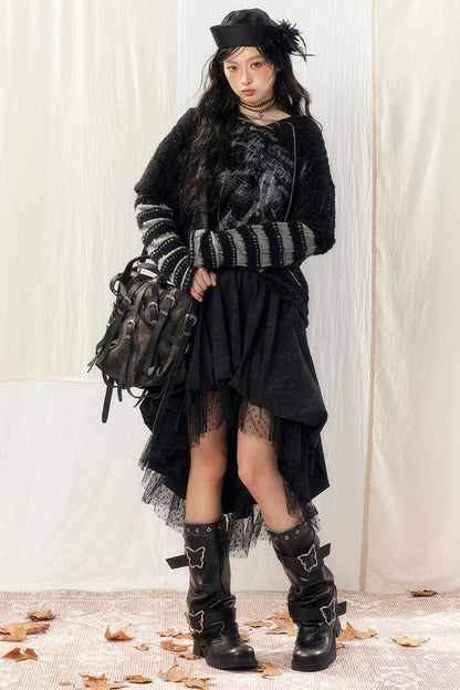 Black Asymmetrical Lace Splicing Polka Dot Skirt