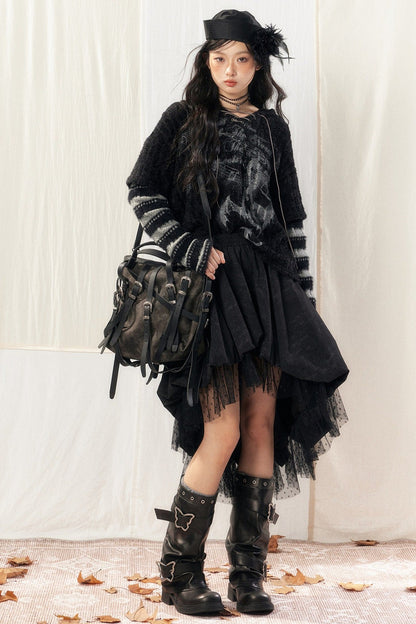 Black Asymmetrical Lace Splicing Polka Dot Skirt