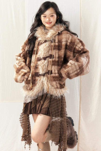 Hooded Plaid Fur Collar Jacket