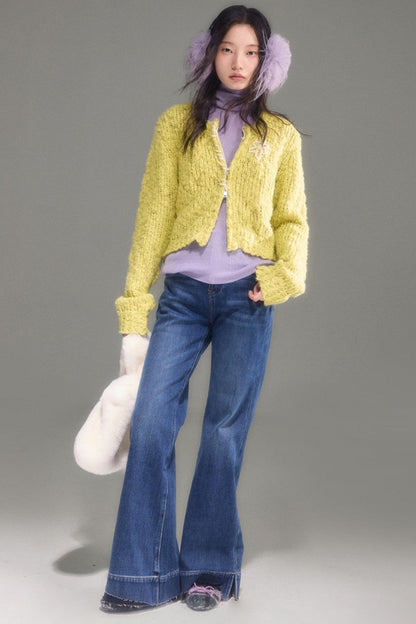 High-Waisted Fleece-Lined Flared Raw Hem Slit Jeans