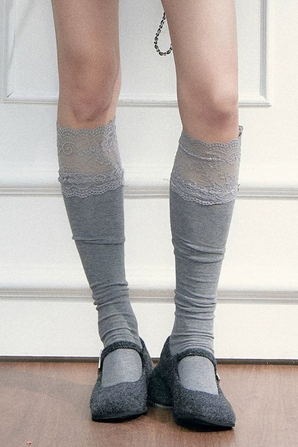 Gray Lace Trim Slouch Socks