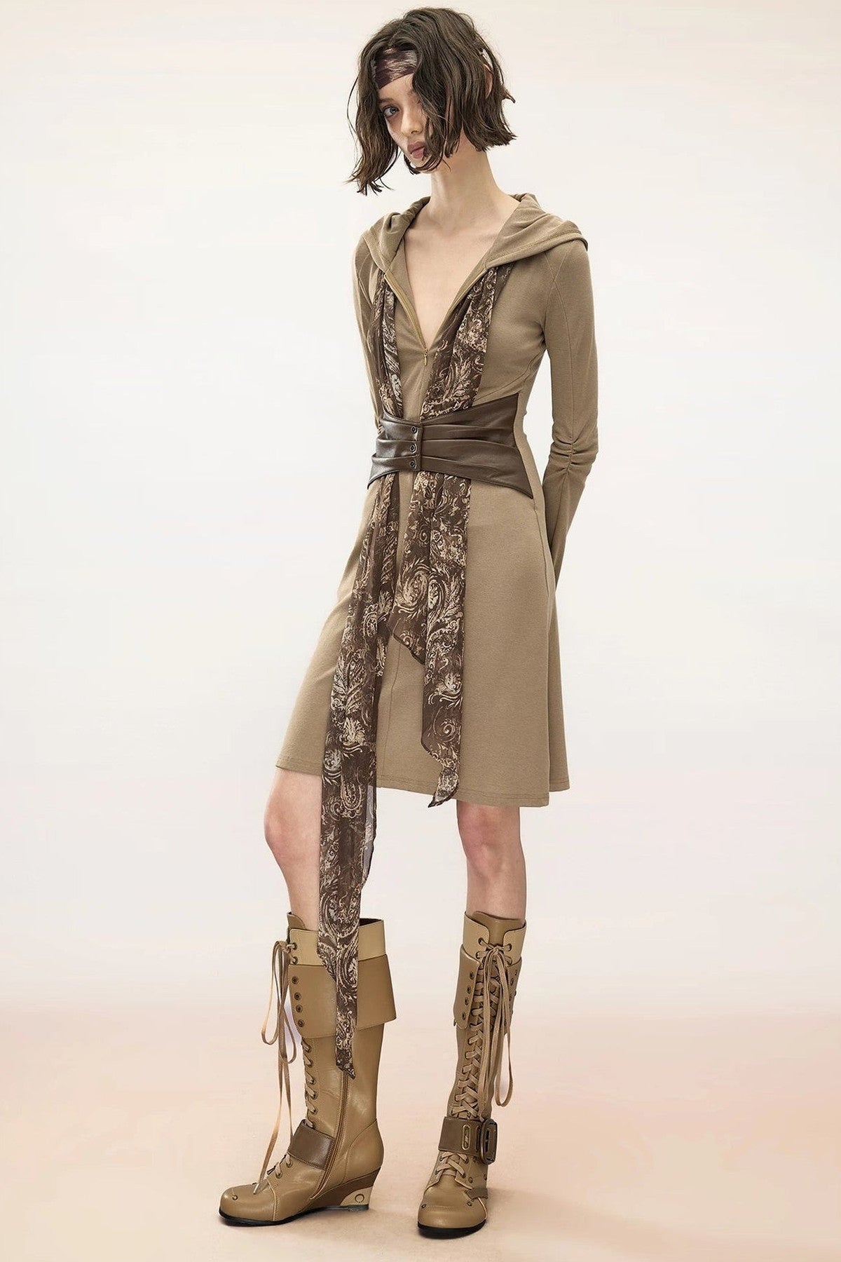Layered Leather Scarf Hooded Dress