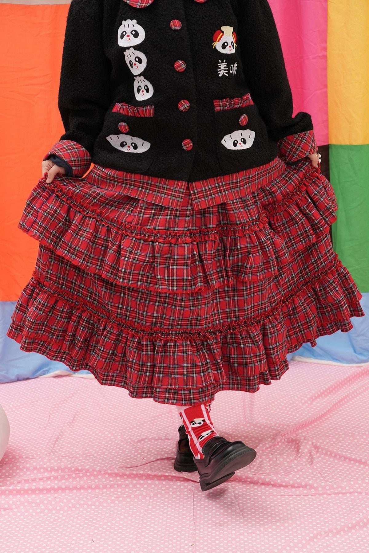 Panda Breakfast House Red Plaid Lace Skirt