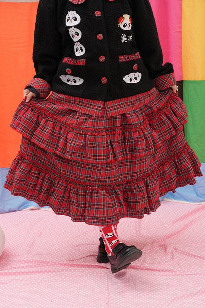 Panda Breakfast House Red Plaid Lace Skirt