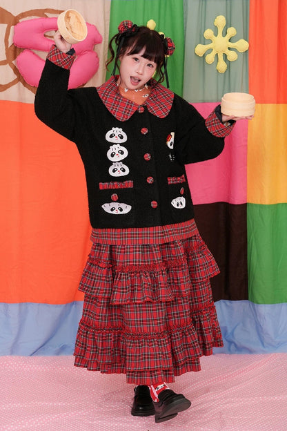 Panda Breakfast House Red Plaid Lace Skirt