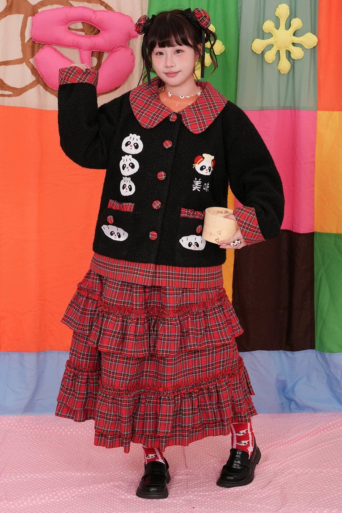 Panda Breakfast House Red Plaid Lace Skirt
