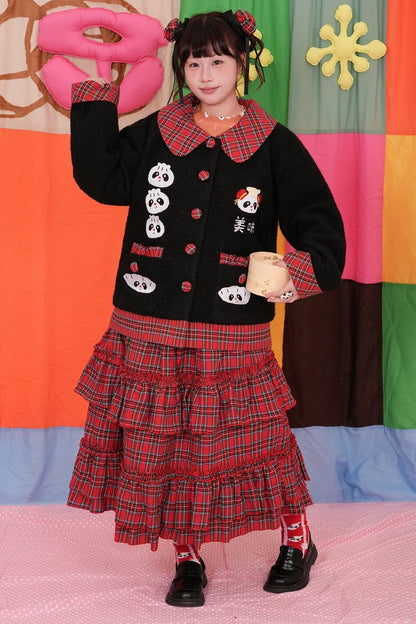 Panda Breakfast House Red Plaid Lace Skirt