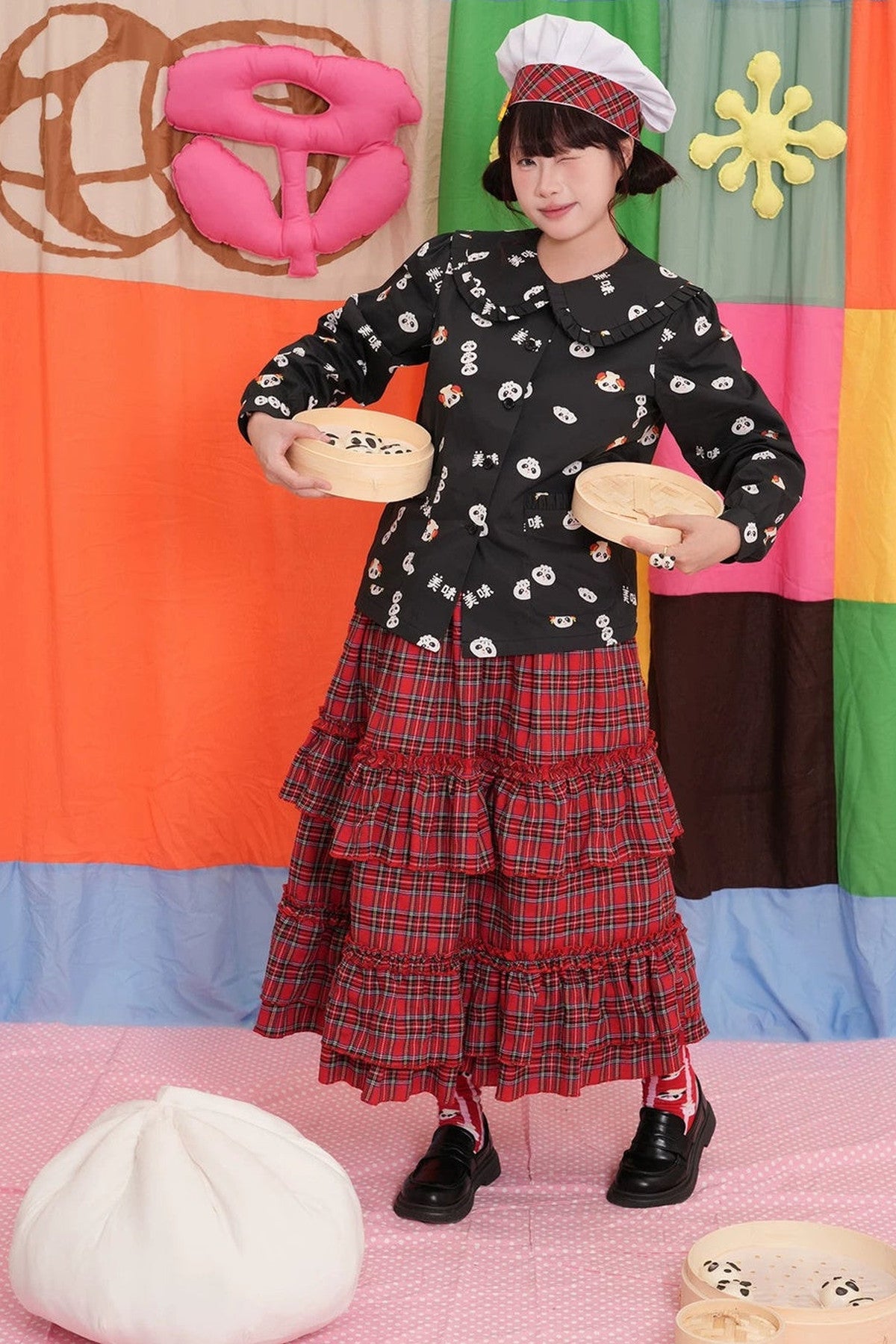 Panda Breakfast House Red Plaid Lace Skirt