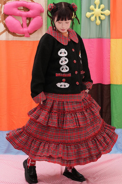 Panda Breakfast House Red Plaid Lace Skirt