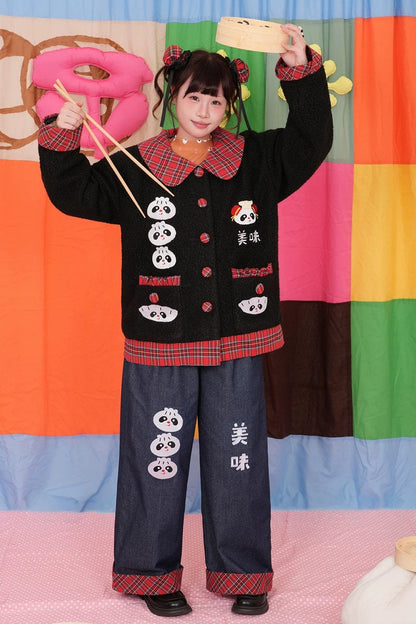 Panda Embroidered Straight Wide-Leg Jeans